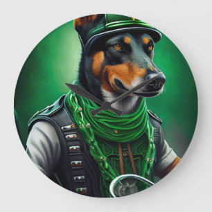 Australian Kelpie driving bike St. Patrick's Day Large Clock