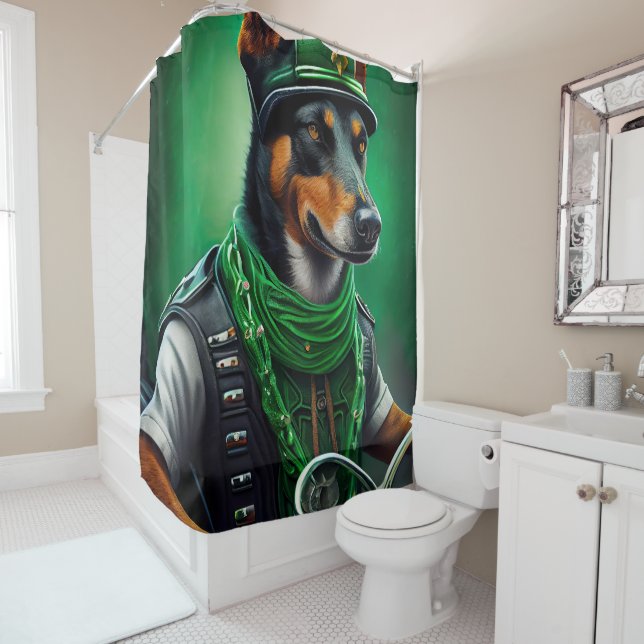 Australian Kelpie driving bike St. Patrick's Day Shower Curtain (In Situ)