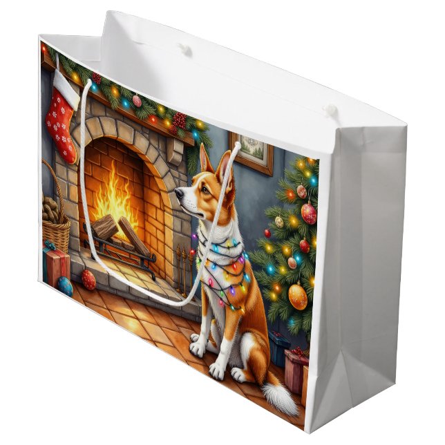 Australian Kelpie Fireplace with Christmas Lights Large Gift Bag (Front Angled)