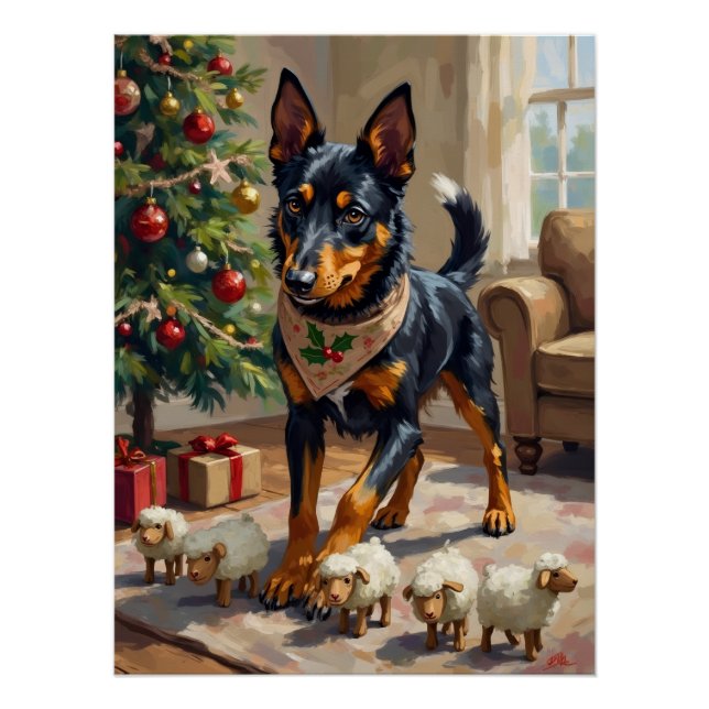 Australian Kelpie Herding Christmas Art Poster (Front)