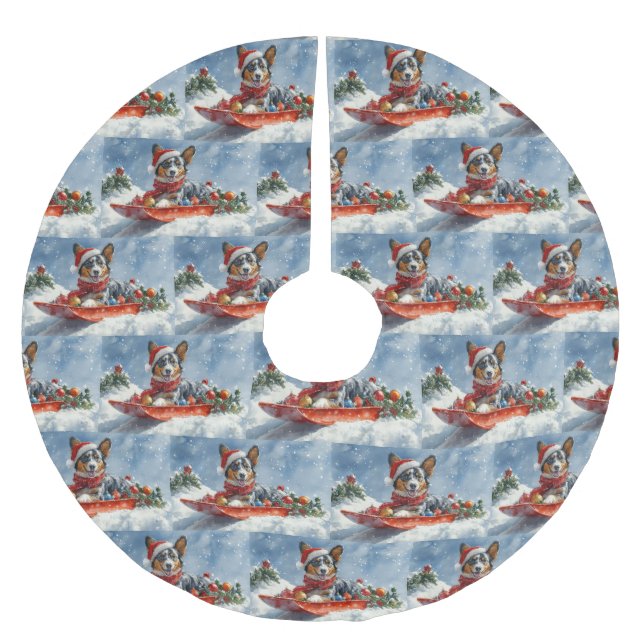 Australian Kelpie in Sledge Let it Snow Christmas Brushed Polyester Tree Skirt (Front)