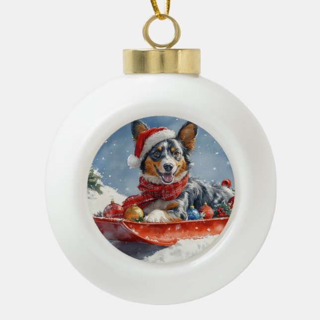 Australian Kelpie in Sledge Let it Snow Christmas Ceramic Ball Christmas Ornament (Front)