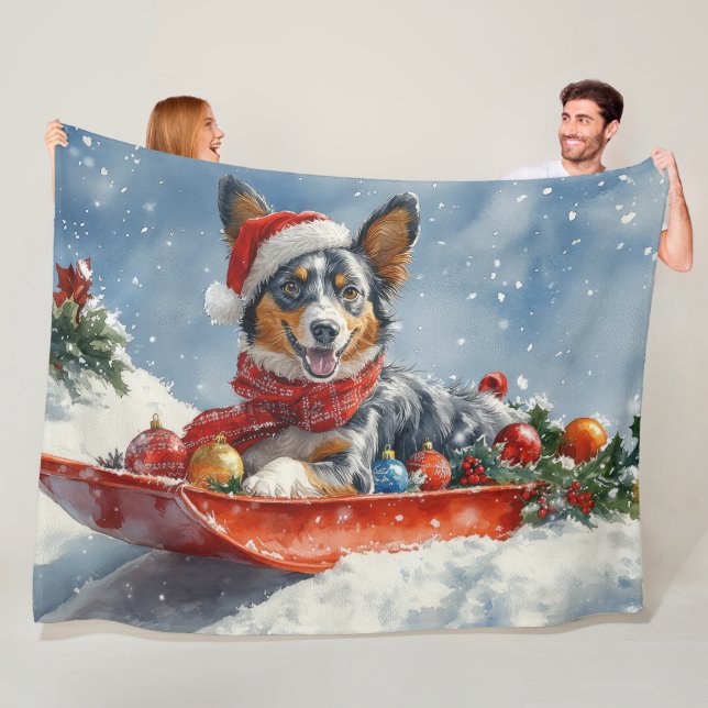 Australian Kelpie in Sledge Let it Snow Christmas Fleece Blanket (In Situ)