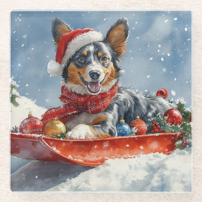 Australian Kelpie in Sledge Let it Snow Christmas Glass Coaster (Front)