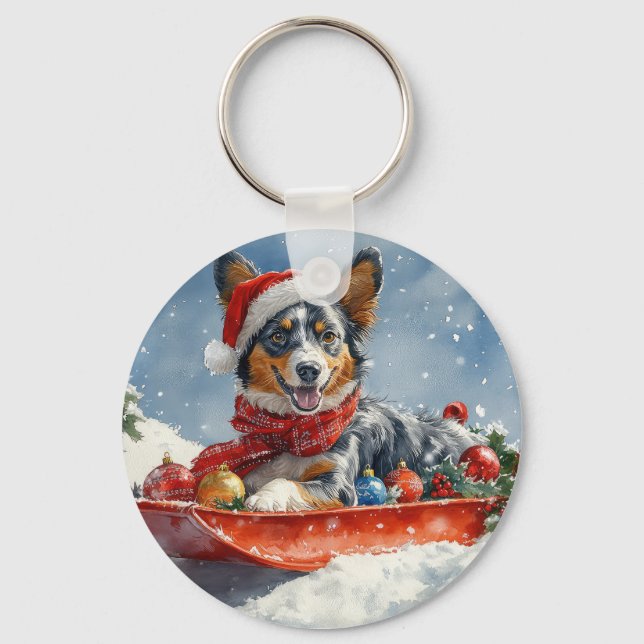 Australian Kelpie in Sledge Let it Snow Christmas Key Ring (Front)
