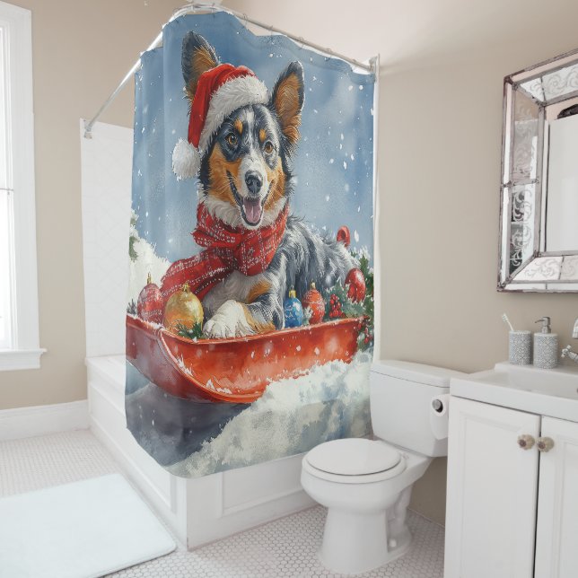 Australian Kelpie in Sledge Let it Snow Christmas Shower Curtain (In Situ)