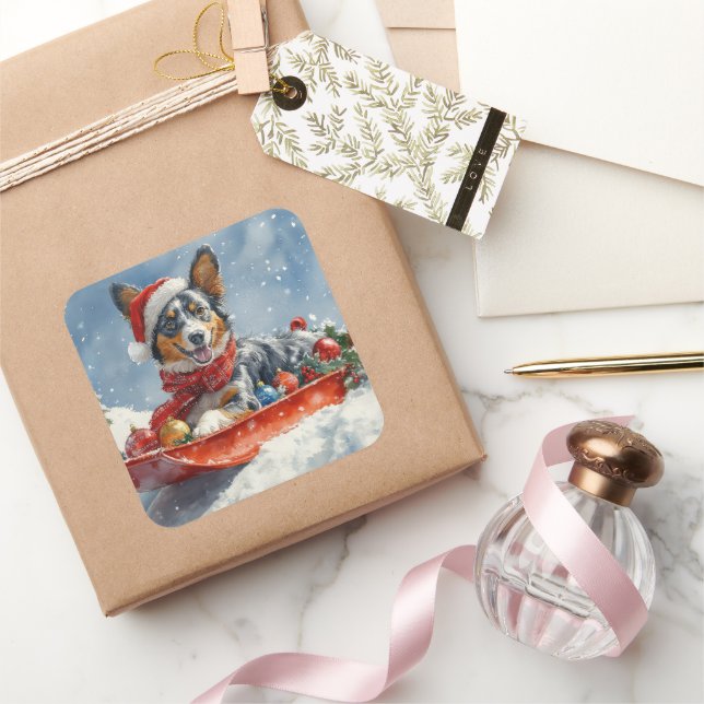 Australian Kelpie in Sledge Let it Snow Christmas Square Sticker (Gifting)