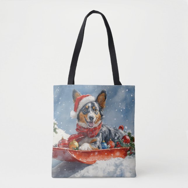 Australian Kelpie in Sledge Let it Snow Christmas Tote Bag (Front)