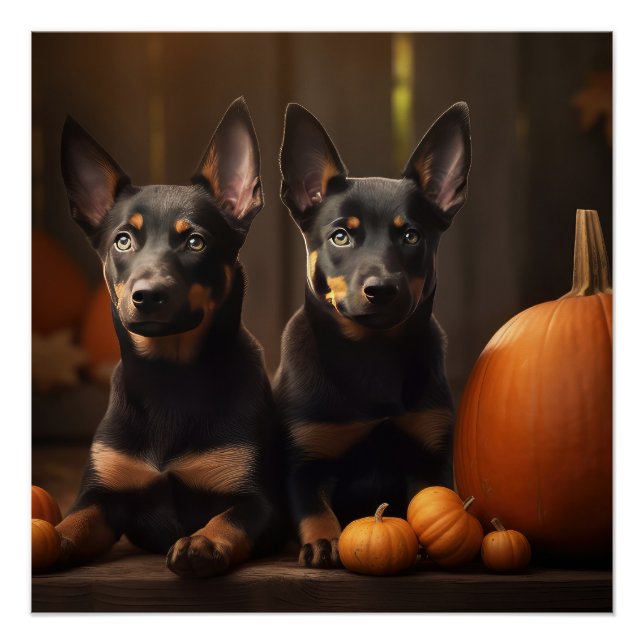 Australian Kelpie Puppy Autumn Delight Pumpkin Poster (Front)