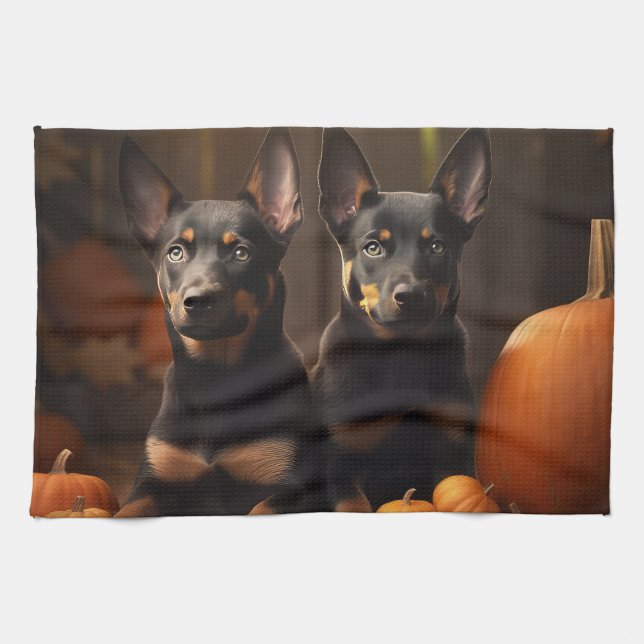 Australian Kelpie Puppy Autumn Delight Pumpkin Tea Towel (Horizontal)
