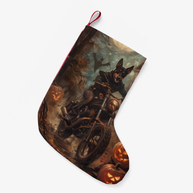 Australian Kelpie Riding Motorcycle Halloween  Small Christmas Stocking (Front (Hanging))
