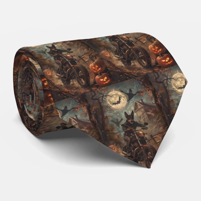 Australian Kelpie Riding Motorcycle Halloween  Tie (Rolled)