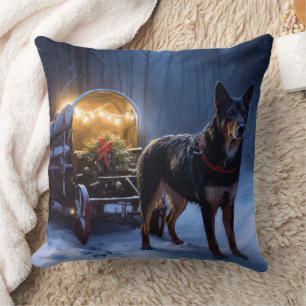 Australian Kelpie Snowy Sleigh Christmas Decor Cushion