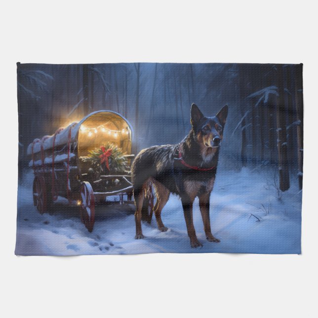 Australian Kelpie Snowy Sleigh Christmas Decor  Tea Towel (Horizontal)