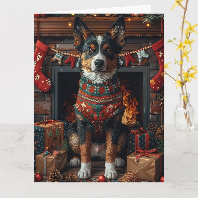 Australian Kelpie with Christmas Gifts Fireplace Card (Yellow Flower)