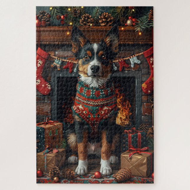 Australian Kelpie with Christmas Gifts Fireplace Jigsaw Puzzle (Vertical)