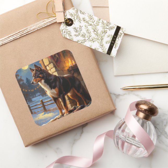 Australian Kelpie With Christmas Lights Holiday Square Sticker (Gifting)