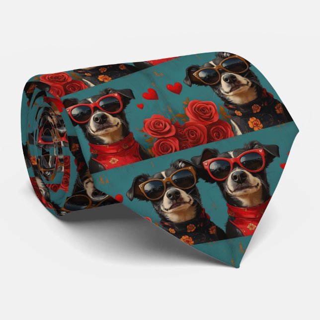 Australian Kelpie With Heart Roses Valentine's Day Tie (Rolled)