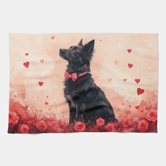 Australian Kelpie with Roses - Valentine's Day Tea Towel (Horizontal)