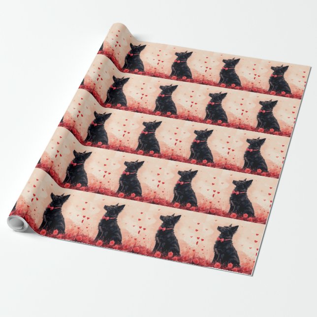 Australian Kelpie with Roses - Valentine's Day Wrapping Paper (Unrolled)