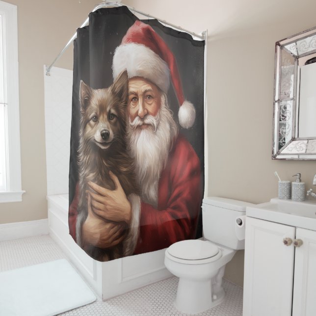 Australian Kelpie with Santa Claus Christmas Shower Curtain (In Situ)