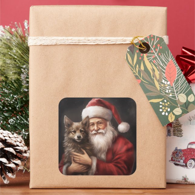Australian Kelpie with Santa Claus Christmas Square Sticker (Holiday)