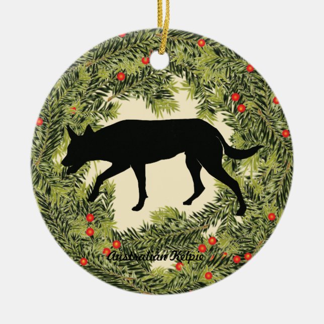Australian Kelpie Wreath Ceramic Tree Decoration (Front)