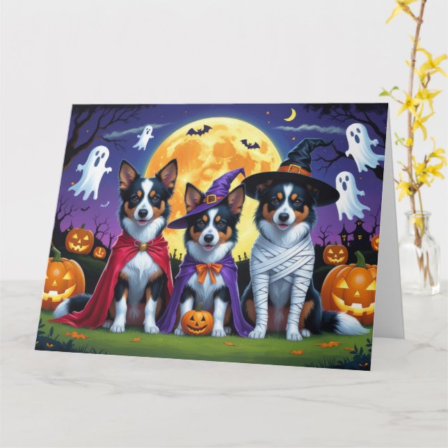 Australian Kelpies Dogs Pumpkin Halloween Funny Card (Yellow Flower)