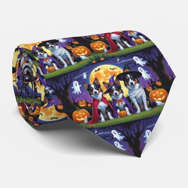 Australian Kelpies Dogs Pumpkin Halloween Funny Tie (Rolled)