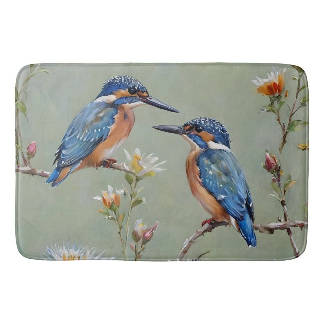 Australian Kingfisher Birds And Flowers Oil Paint, Bath Mat (Front)
