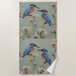 Australian Kingfisher Birds And Flowers Oil Paint, Beach Towel