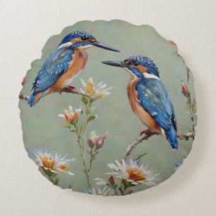 Australian Kingfisher Birds And Flowers Oil Paint, Round Cushion