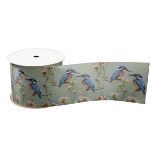 Australian Kingfisher Birds And Flowers Oil Paint, Satin Ribbon