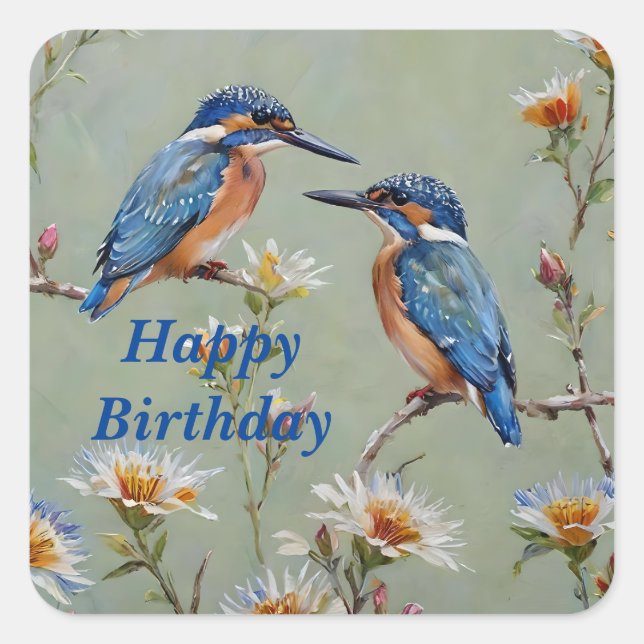 Australian Kingfisher Birds And Flowers Oil Paint, Square Sticker (Front)