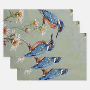 Australian Kingfisher Birds And Flowers Oil Paint, Wrapping Paper Sheet