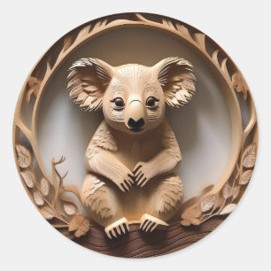 Australian Koala Bear Wood Carving, Classic Round Sticker