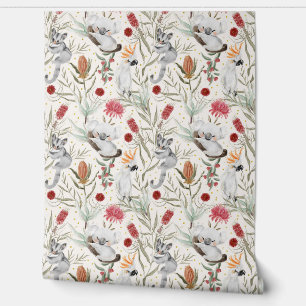 Australian Koala Cockatoos Proteas Flowers Pattern Wallpaper