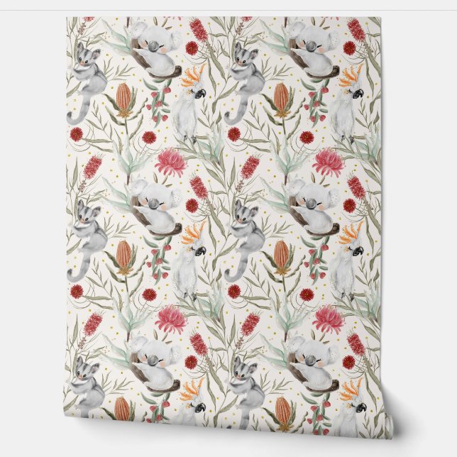 Australian Koala Cockatoos Proteas Flowers Pattern Wallpaper (Unrolling)