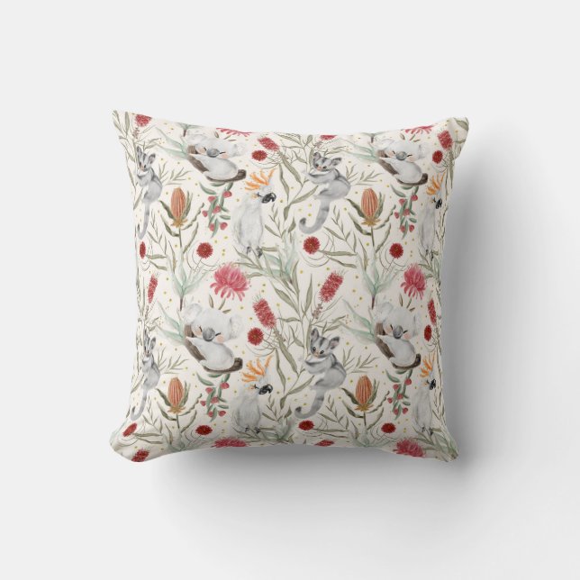 Australian Koala Cockatoos Proteas Nature Pattern Cushion (Front)
