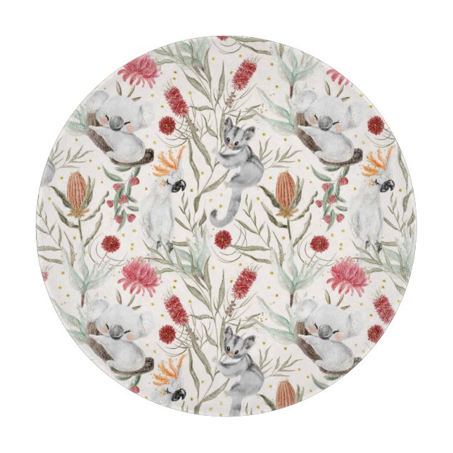 Australian Koala Cockatoos Proteas Nature Pattern Cutting Board (Front)