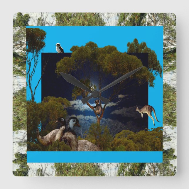 Australian Koala, Emu, Kookaburra, Design, Square Wall Clock (Front)