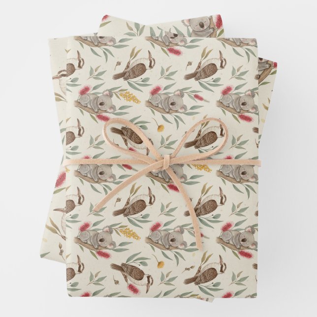 Australian Koalas, Kookaburras and Native Flora Wrapping Paper Sheet (In situ)