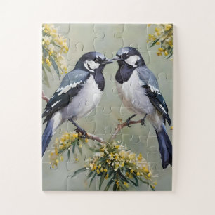 Australian Magpies In Wattle Trees Oil Paint, Jigsaw Puzzle
