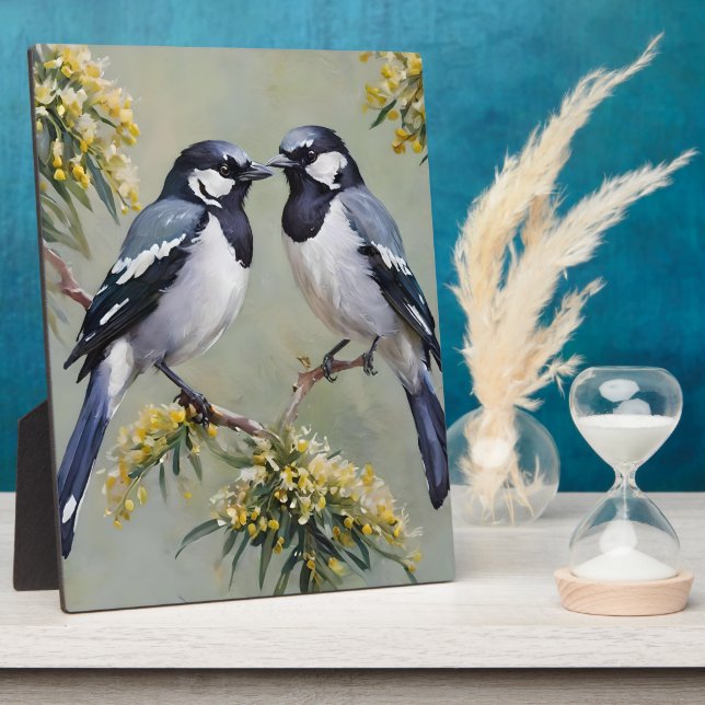 Australian Magpies In Wattle Trees Oil Paint,  Plaque (Side)