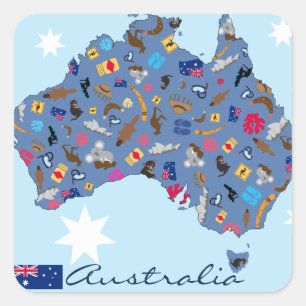 Australian map with cultural items square sticker