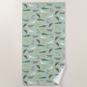 Australian Native Animals Eucalyptus Green Pattern Beach Towel