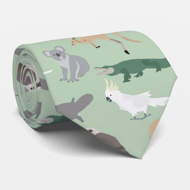 Australian Native Animals Eucalyptus Green Pattern Tie (Rolled)