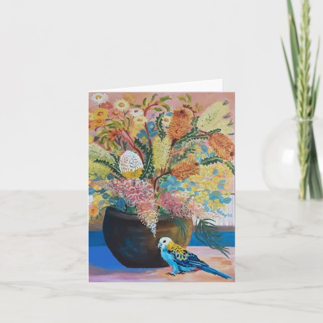 Australian Pale-headed Rosella & wildflowers Card (Front)