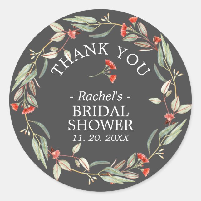 Australian Red Floral Thank You Bridal Shower Grey Classic Round Sticker (Front)