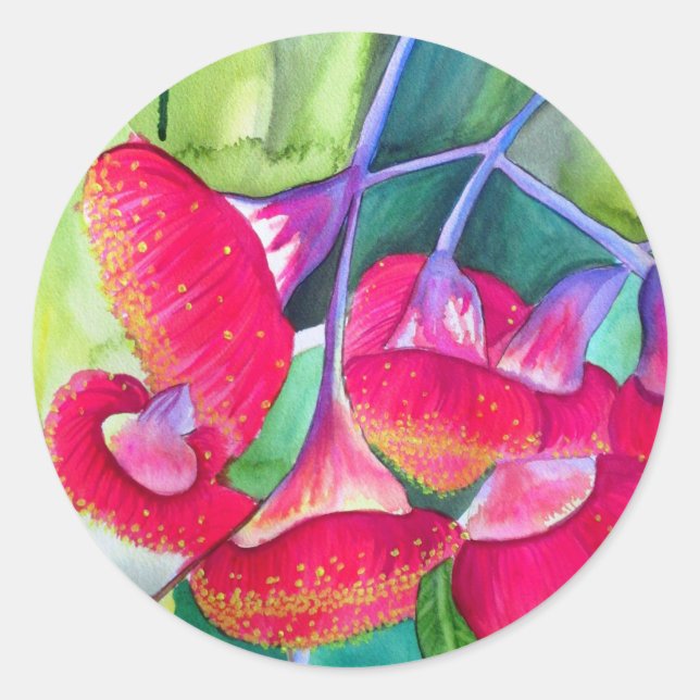 Australian red flowering gumnuts watercolor art classic round sticker (Front)